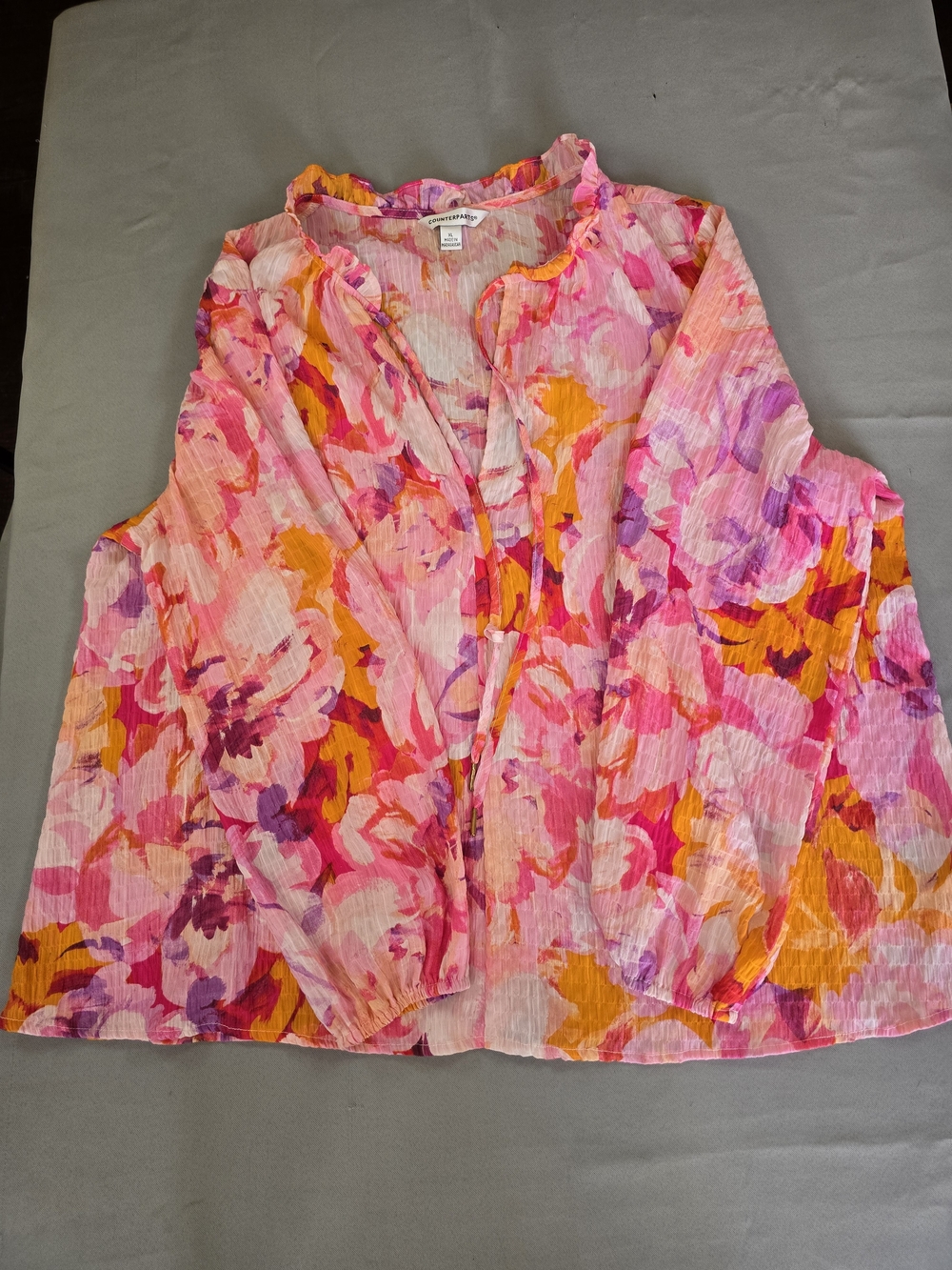 Counterparts Pink, Orange and Purple Floral V-Neck Ruffle Blouse